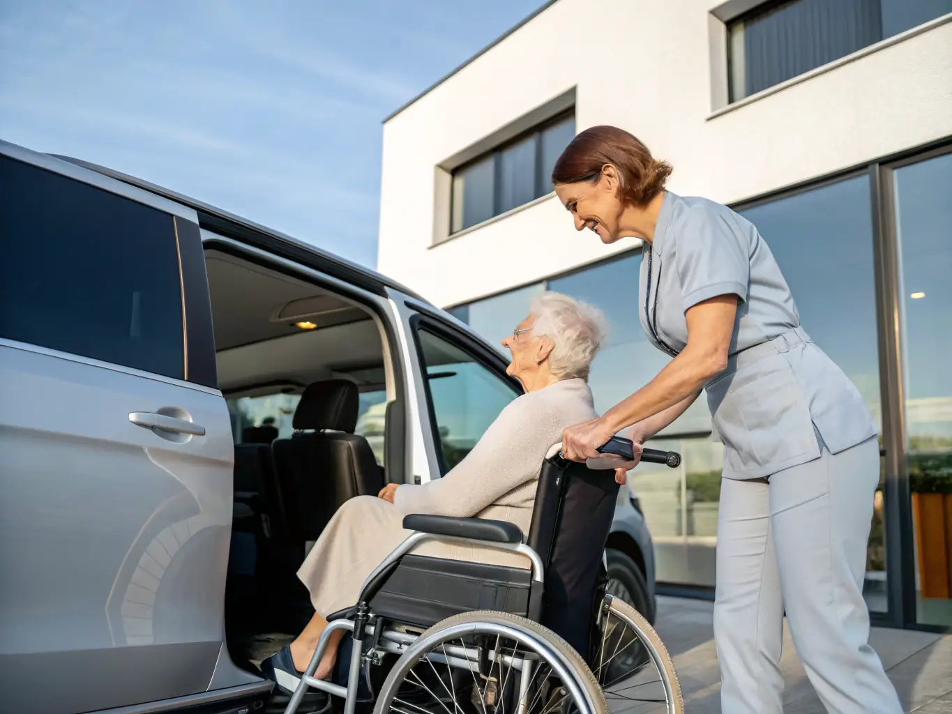 A support worker assisting a client to enter a modern, accessible vehicle, highlighting the safe and reliable transport services provided for appointments and social activities.
