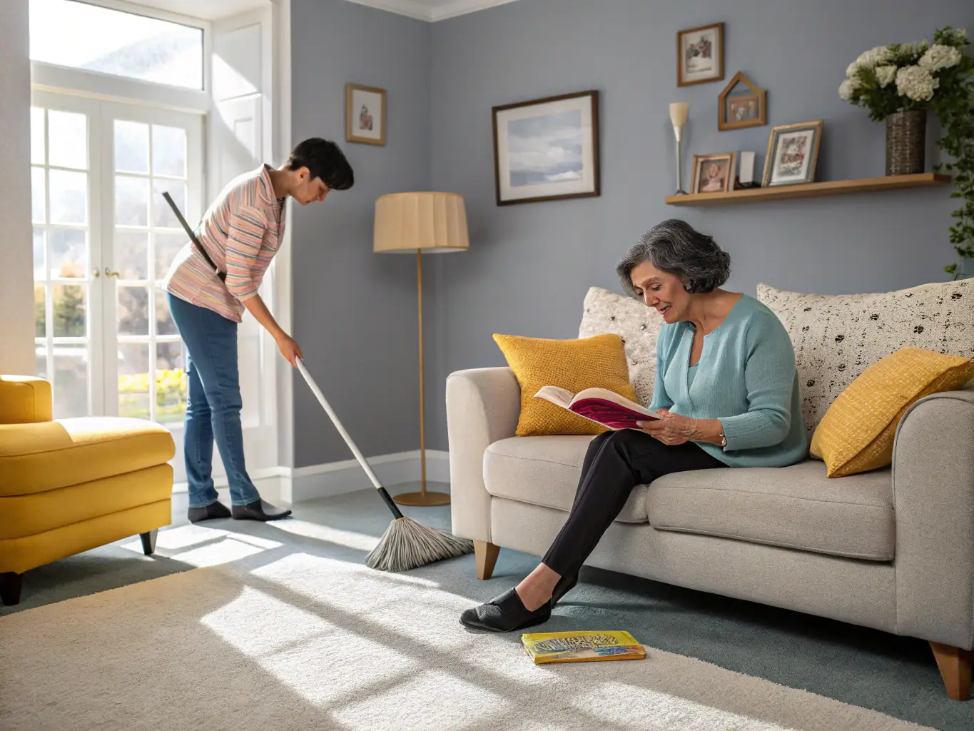 A support worker helping a client with light cleaning and tidying up in a cozy living room, showcasing the assistance provided to maintain a clean and comfortable home environment.