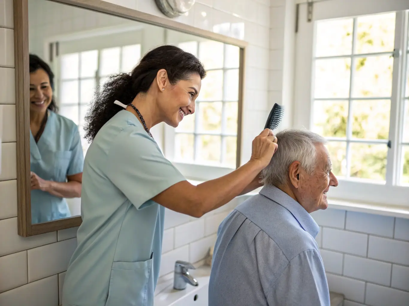 A caring support worker assisting a client with personal grooming in a well-lit and comfortable bathroom, emphasizing the dignity and respect provided during personal care services.