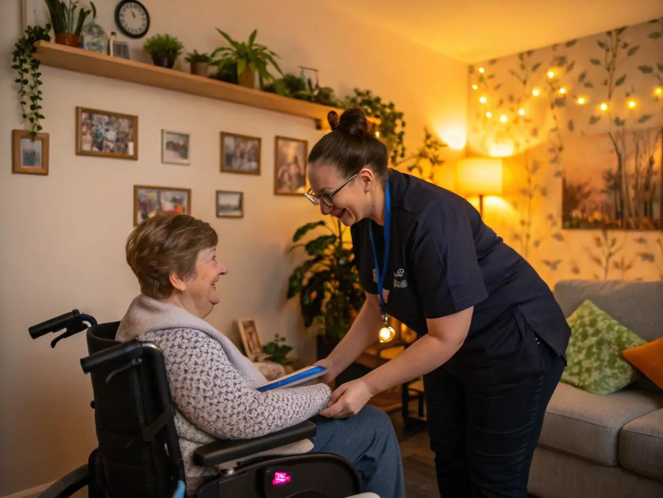 A Top Service Care support worker is assisting a client in their home, with a focus on personalized care and flexible scheduling to meet both client and employee needs.